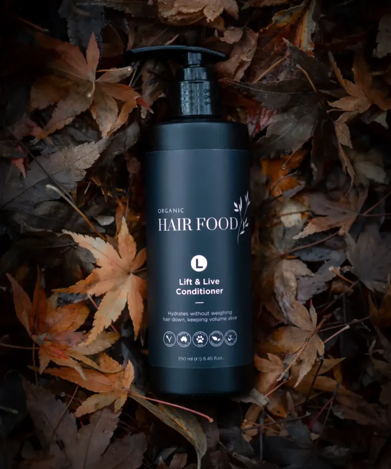 Lift & Live Conditioner Conditioner for fine hair - Marro's Hair Food Product nestled in leaves.